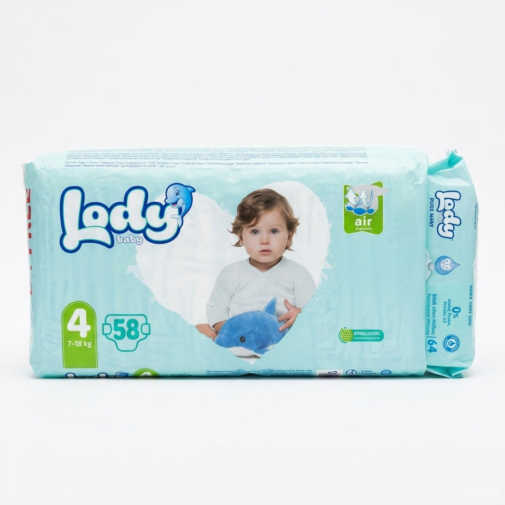 حفاضات لودي للأطفال | Lody Diapers – مقاس 4 ماكسي (Maxi) – 7-18 كجم – 58 حفاضة + مناديل مبللة