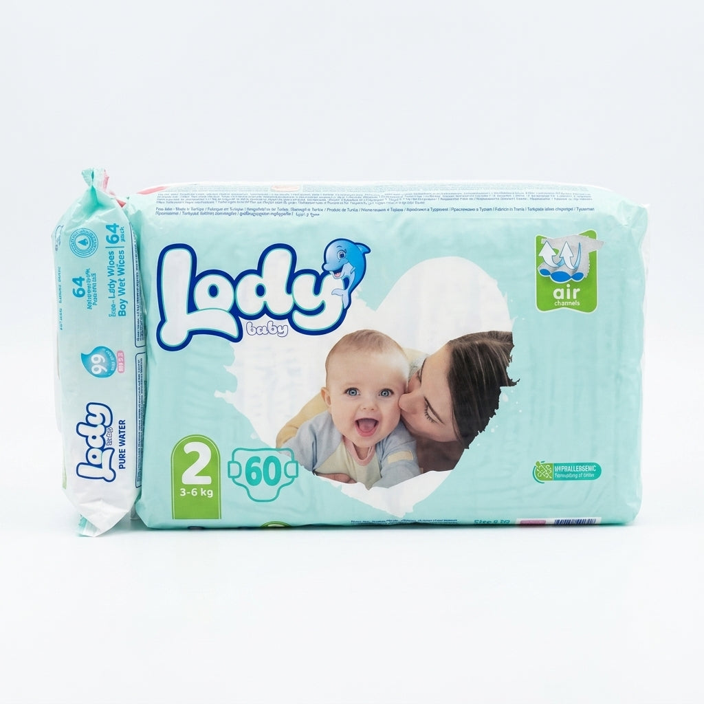 حفاضات لودي للأطفال | Lody Diapers – مقاس 2 ميني (Mini) – 3-6 كجم – 60 حفاضة + مناديل مبللة