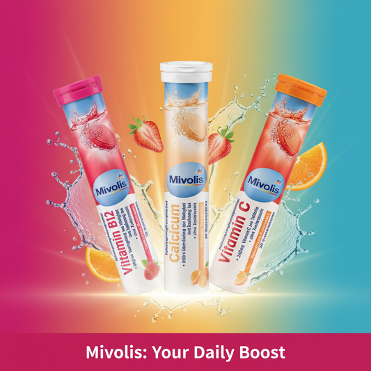 Three Mivolis vitamin tablets on a white background