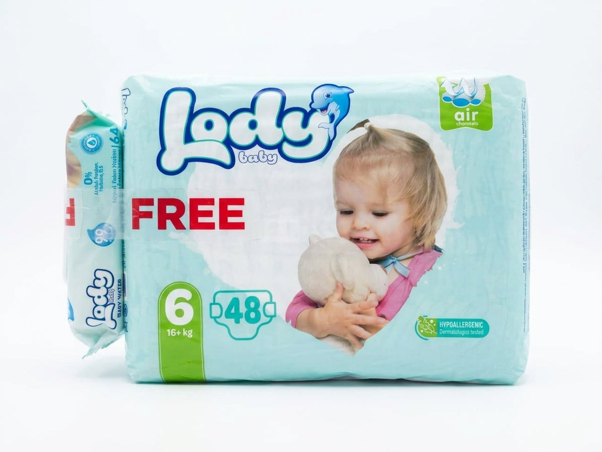 حفاضات لودي للأطفال مقاس 6 إكس لارج 16+ كجم – 48 حفاضة + مناديل مبللة | Lody Diapers XL