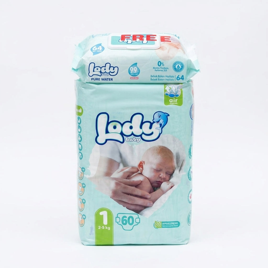 حفاضات لودي للأطفال | Lody Diapers – مقاس 1 حديث الولادة (Newborn) – 2-5 كجم – 60 حفاضة + مناديل مبللة