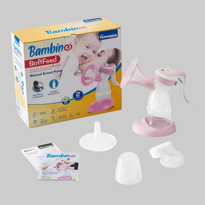 Packaging and components of a Bambini Softfeed breast pump, including the pump unit in pink and white, a breast shield, and a storage bag.