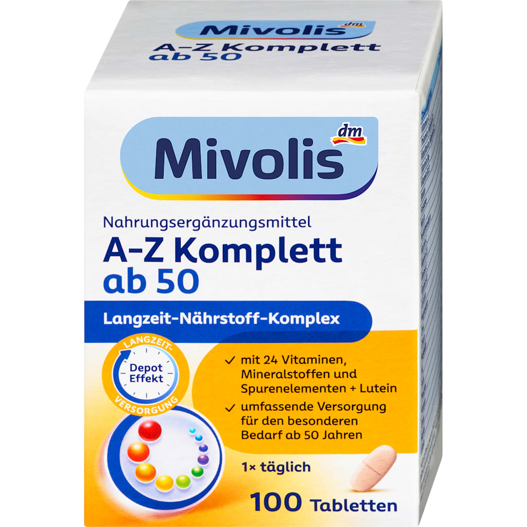 Mivolis A-Z Complete Depot 50+ multivitamin tablets box, 100 count, German import
