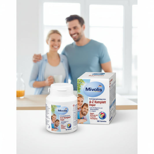 Mivolis A-Z Komplette Depot supplement bottle and packaging on a white background