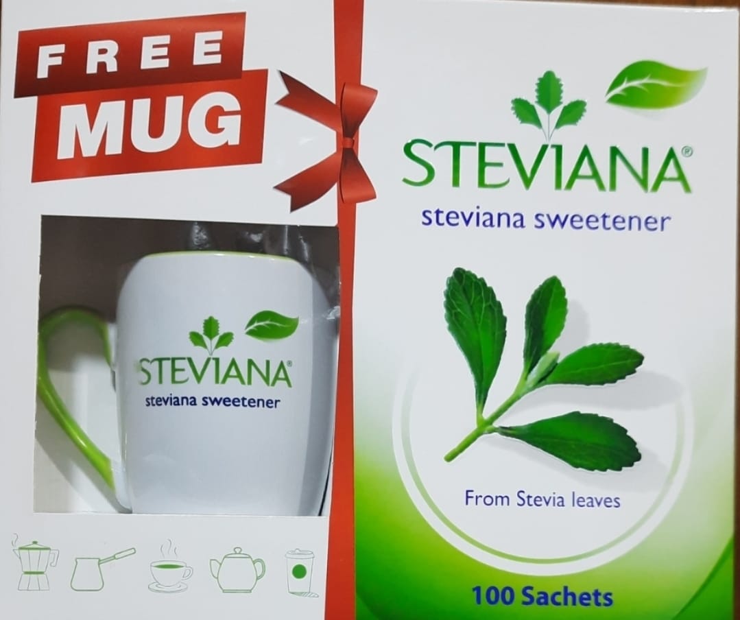 Steviana sweetener packaging with a free mug offer