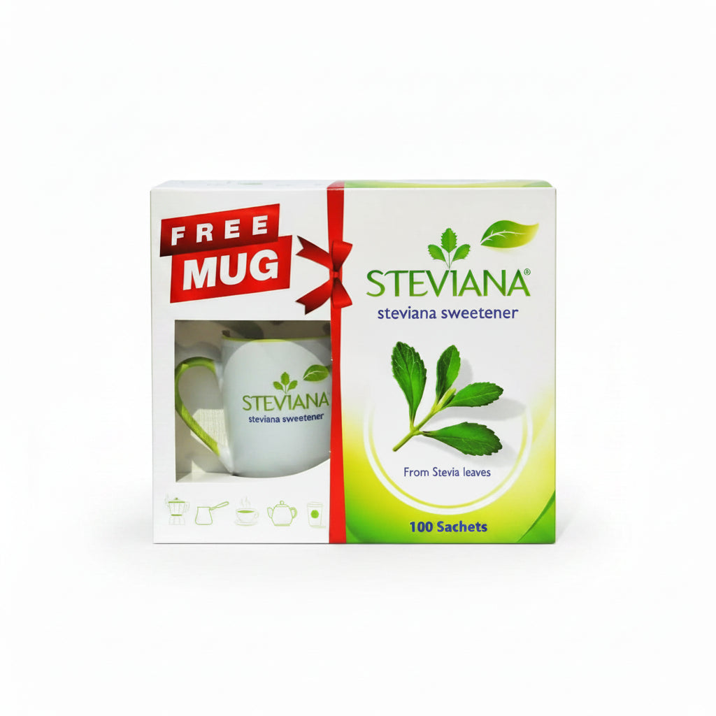 Steviana sweetener packaging with a free mug offer