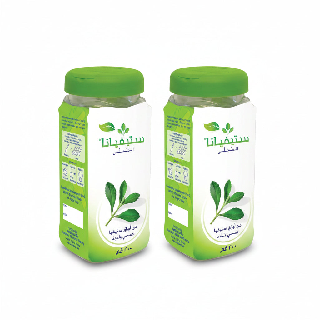A bottle of Stevia sweetener with a green label, displaying the product name and a leafy graphic, with a Halal certification logo.

