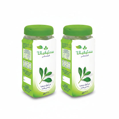 A bottle of Stevia sweetener with a green label, displaying the product name and a leafy graphic, with a Halal certification logo.
