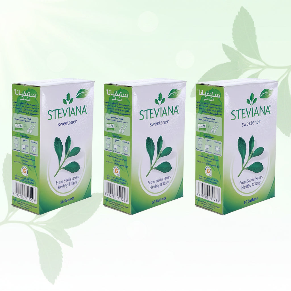 Three boxes of Steviana sweetener on a white background