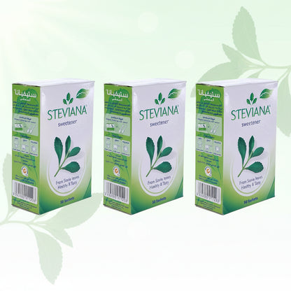 Three boxes of Steviana sweetener on a white background