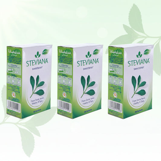 Three boxes of Steviana sweetener on a white background